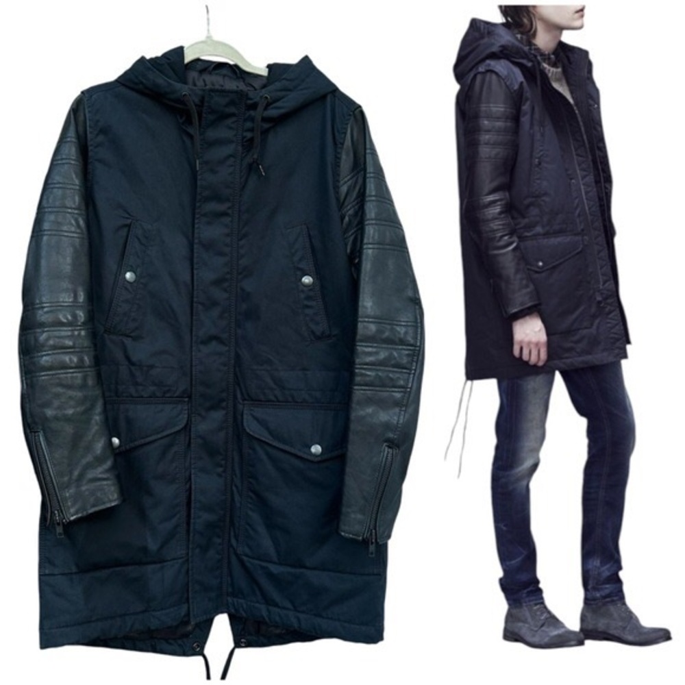 Diesel Mens Military Parka Jacket Medium Type N.78 Leather Sleeves Hooded Coat